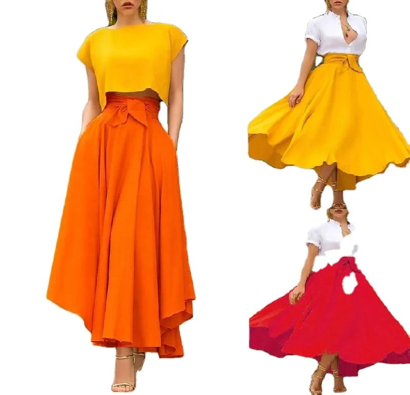 

2021 Hot Selling Personality New Fashion Women Girls Europe And America Solid Color Bow Belt Big Hem Hot Sell Dress Long Skirt