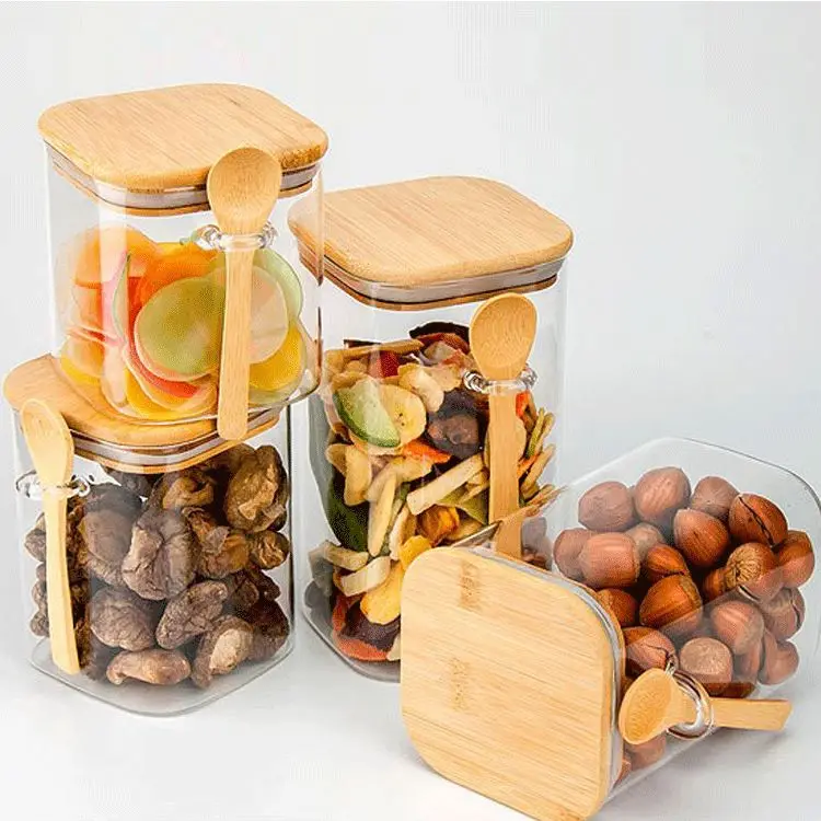 

Multi Specification Empty Clear Square Glass Jars Empty Heat-Resistant Glass Jar With Bamboo Lid