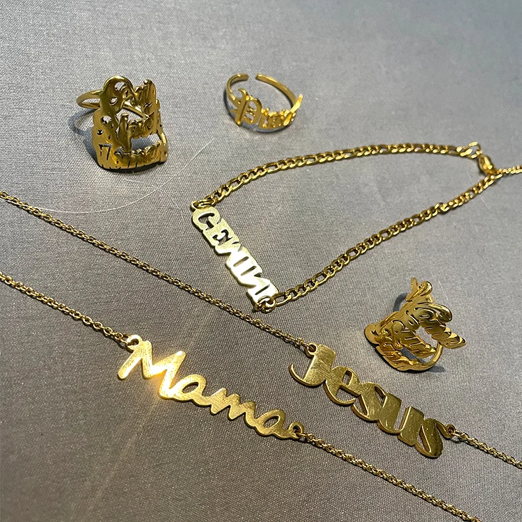 

Non Tarnish Jewelry custom personalised 18k gold plated stainless steel nameplate name plate pendant necklace