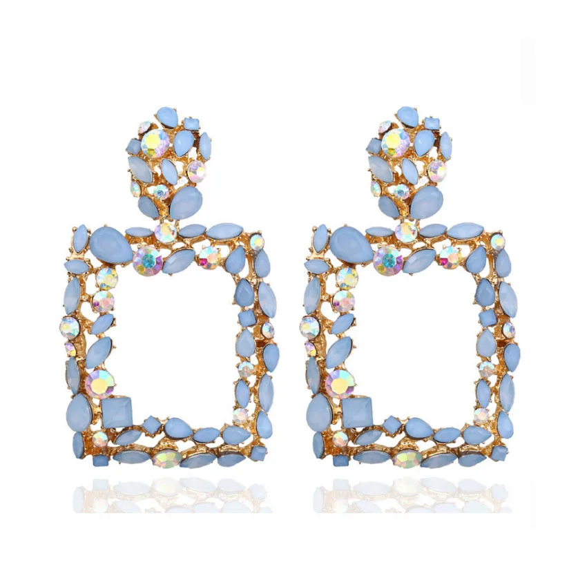 

European Style Women Colorful Geometric Crystal Rhinestone Jewelry Fashion Multi Color Big Vintage Square Earrings, Picture shows