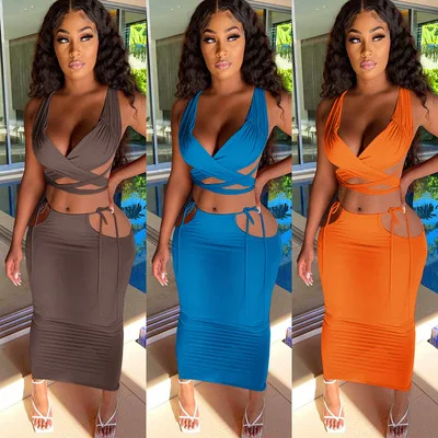 

F41267A Amazon fashion casual sexy new summer solid colors hollow out 2 piece set women two piece set women clothing, As picture