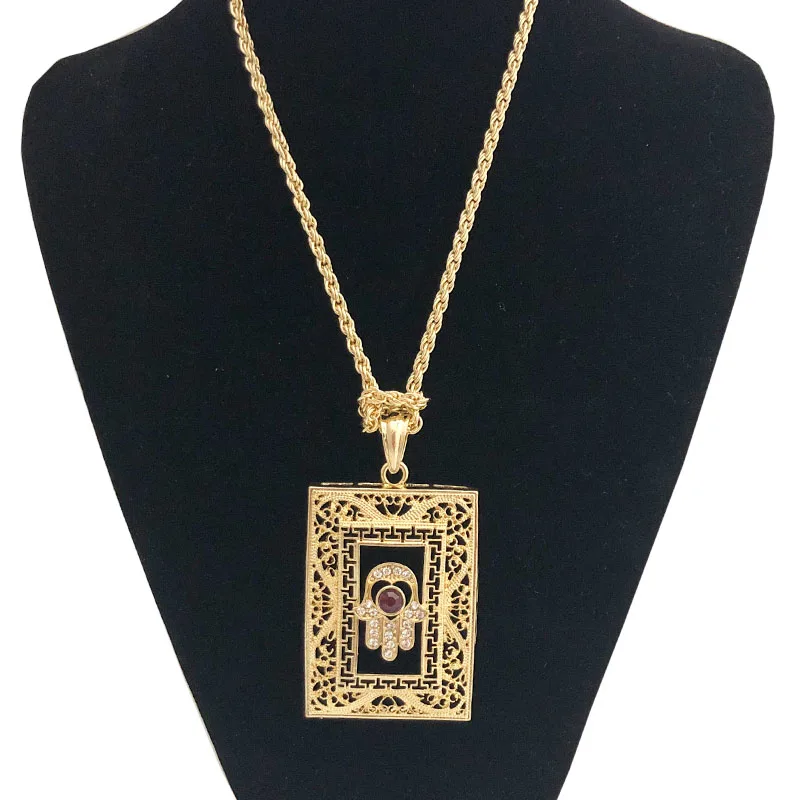 

Moroccan Allah Hand-shape Pendent Golden Hollowed-out Necklace Square-shape Long Chain Red And Green Necklace