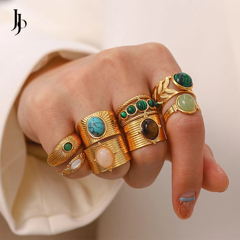 

JOJO Fashion 2023 Insta dainty vintage design gemstone ring stainless steel gold plated fashion ring sets women