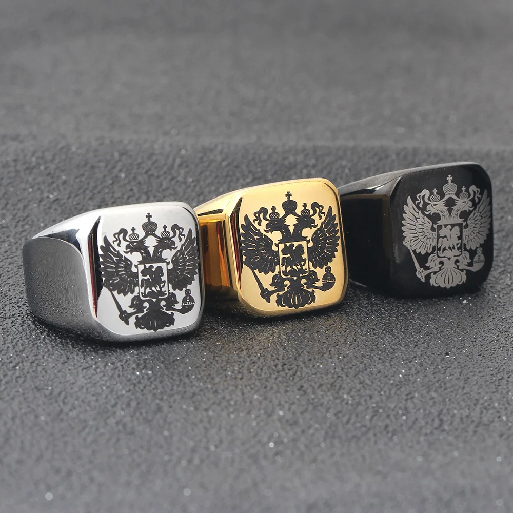 

HONGTONG Russian National Emblem Stainless Steel Men's Ring Double-Headed Eagle Logo Ring European And American Jewelry, Picture shows