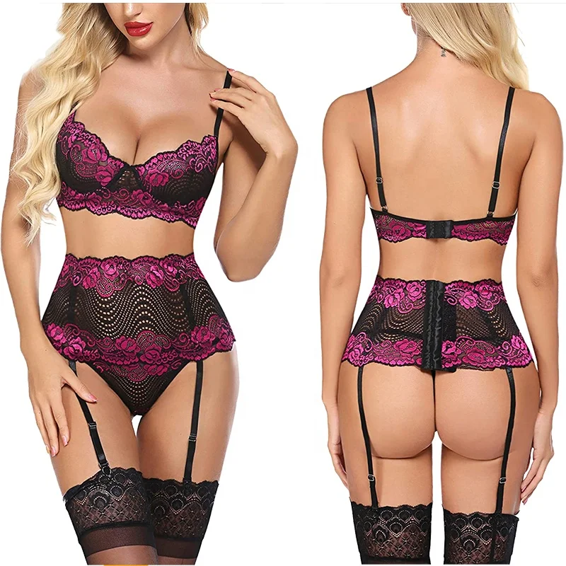 

2021 plus size 3 piece sexy lace bra & briefs and panty girl lady suspender lingerie underwear set with garter belt for women, Blue / purple / green / rose red / wine red