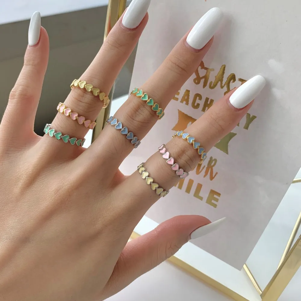 

2022 Hot Selling Summer Vibes Stackable INS Enamel Heart Shaped Colorful Rings Anillo s925 Sterling Silver Girly 18K Gold Rings, Silver gold