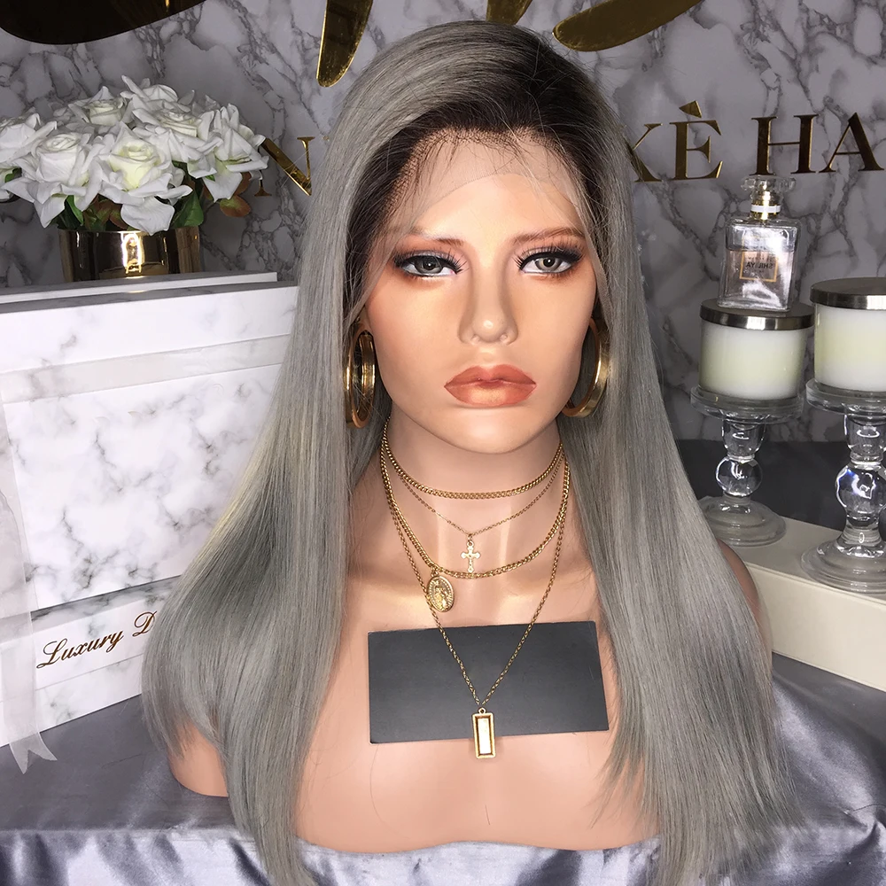 European Human Hair Wig High Class Jewish Wig Straight Grey Color Hand Tied Silk Top Kosher Wig