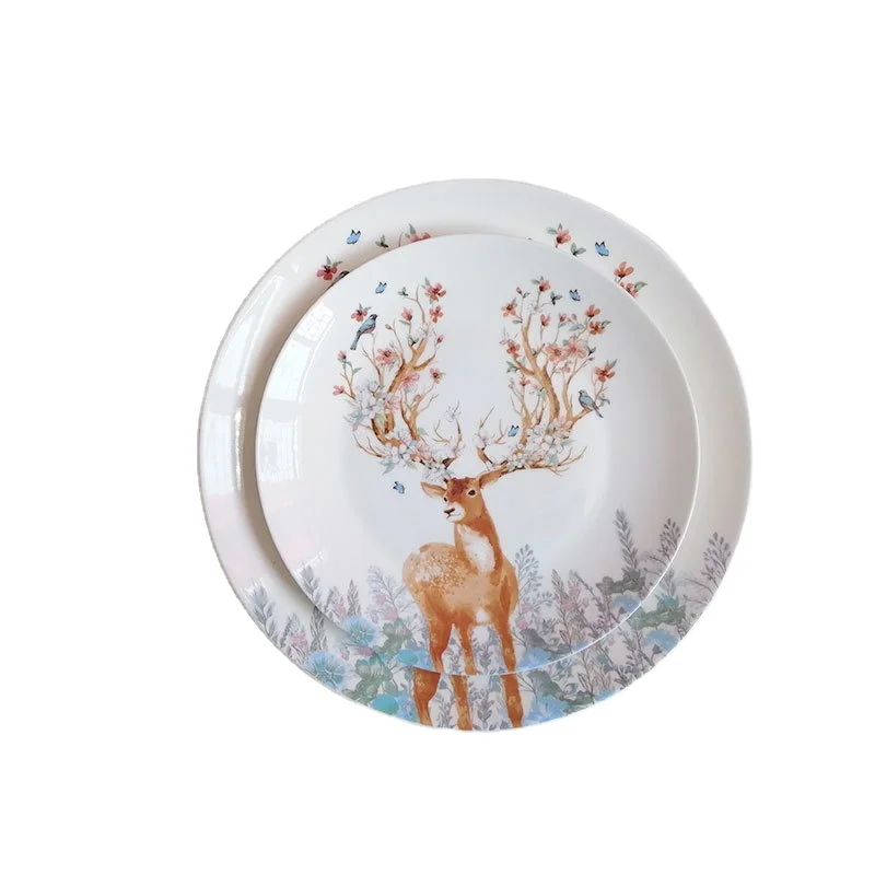 

Christmas Cartoon Deer Round Ceramic Plate Tableware Sushi Snack Cake Steak Salad Storage Flat Plate