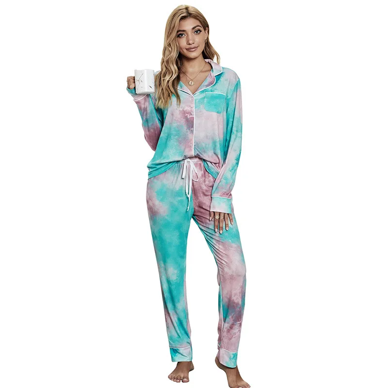 

Autumn and Winter Models of Tie-dye Change Printing Casual Home Wear Women's Cardigan Lapel Long-sleeved Trousers Pajamas