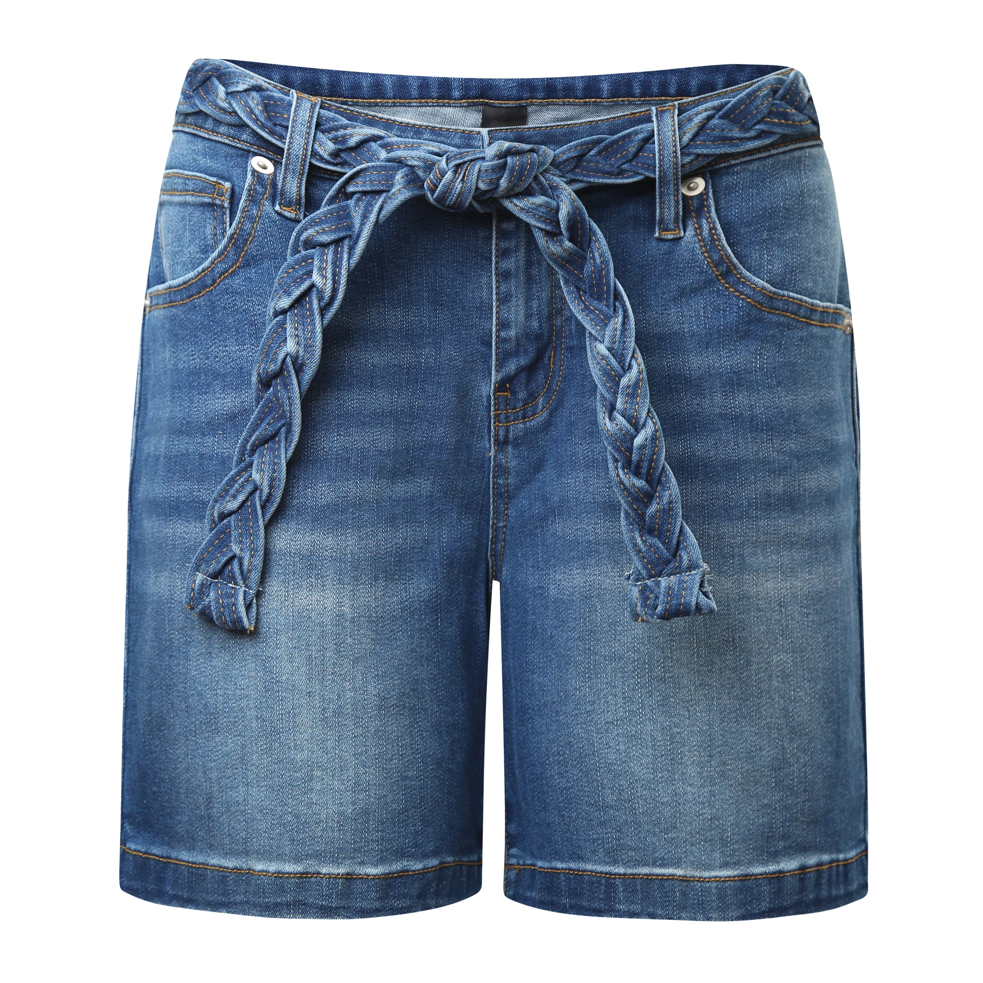 

Women Stylish Denim Shorts Solid Color High Waist Jeans Shorts with Adjustable Denim Belt, Denim blue