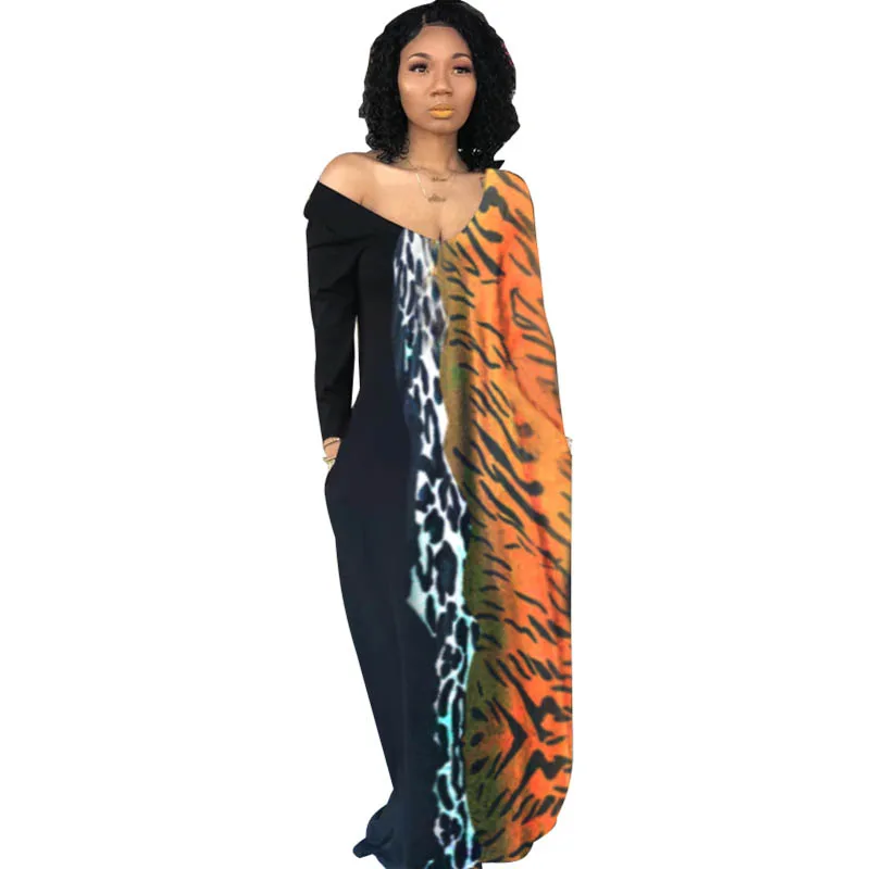 

High Quality Casual Printed V-neck Leopard Long Sleeve Maxi Dress
