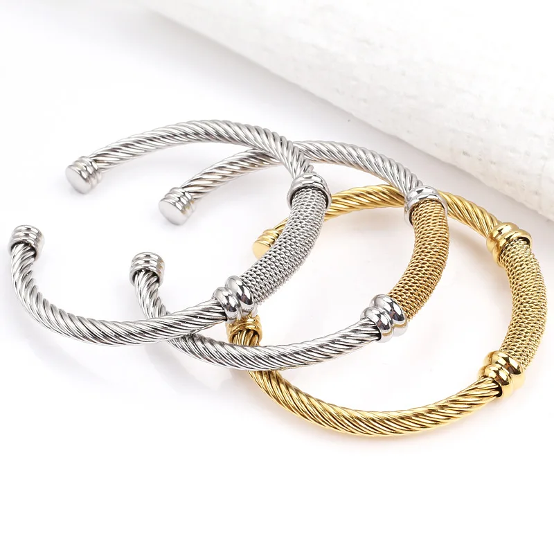 

MECYLIFE Two Tones Cable Bangle Bracelet Stainless Steel Twist Men's Bracelet Bangle Jewelry, Gold,silver,silver+gold