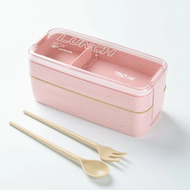 

School Portable wheat straw lunch box 2 layer with Spoon & Fork, Portable Container Bento BPA Free lunch boxes, Green, pink, beige