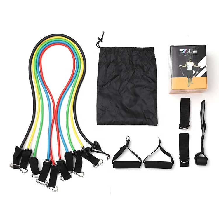 11 pcs tension strength workout TPE tubing bands resistance bands set with metal clip and woven strap connection