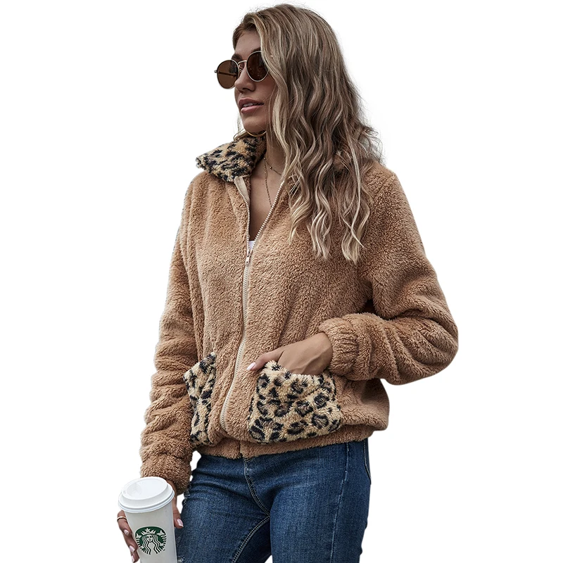

Autumn Berber fleece coat leopard splicing zipper winter Women coats for ladies