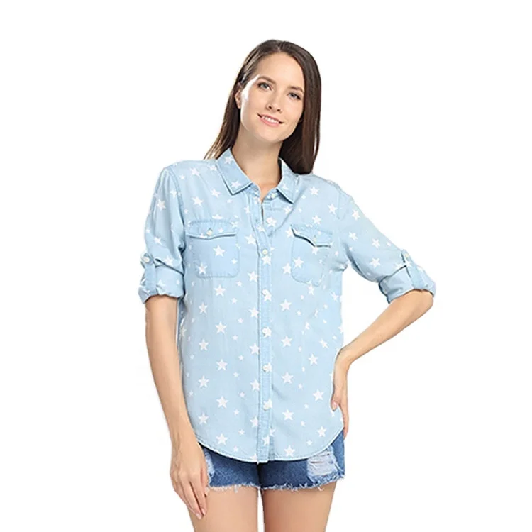 

Latest design soft casual women printed long sleeve denim shirt, Custom