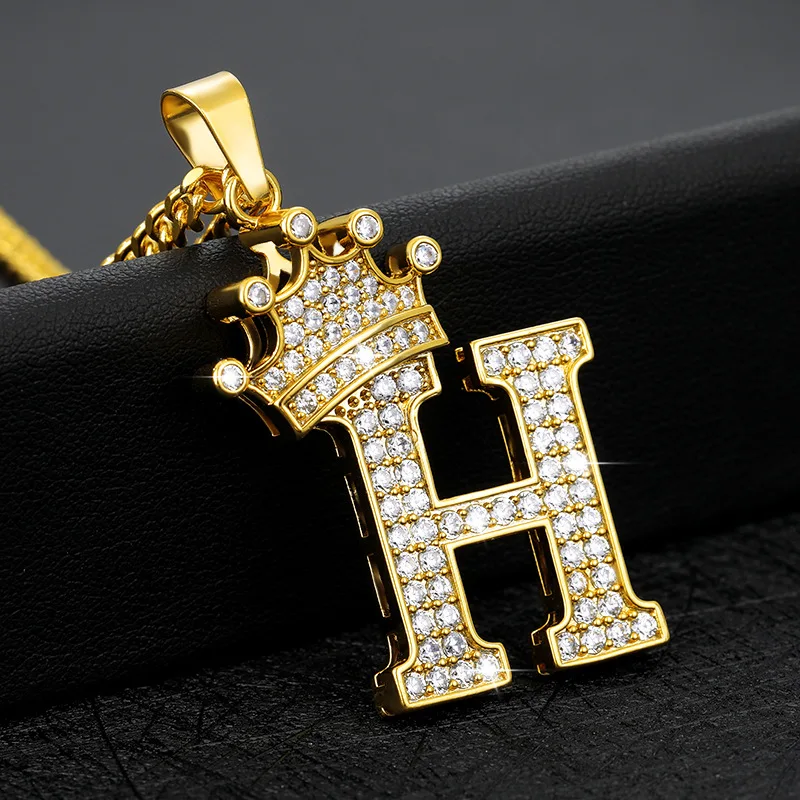 

Crystal Zircon Crown Initial Letter Chain Pendant Necklaces, Golden