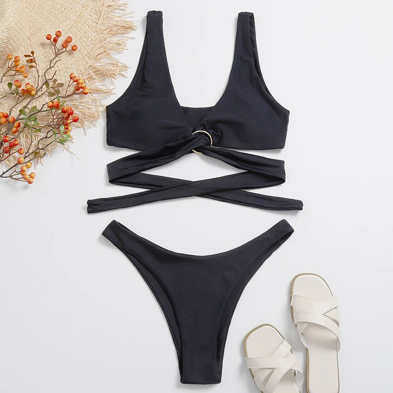 

Best Selling Ring Cross Custom Bikini Two Pieces Solid Swimming Costume Women Sexy Black Swimsuit