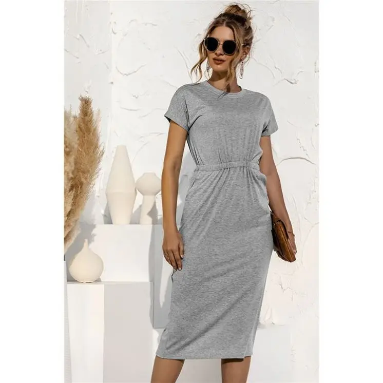 

High Quality Dresses Women Elegant Solid Color Short Sleeve Round Neck Slim Casual Dress Slit Ladies Dress