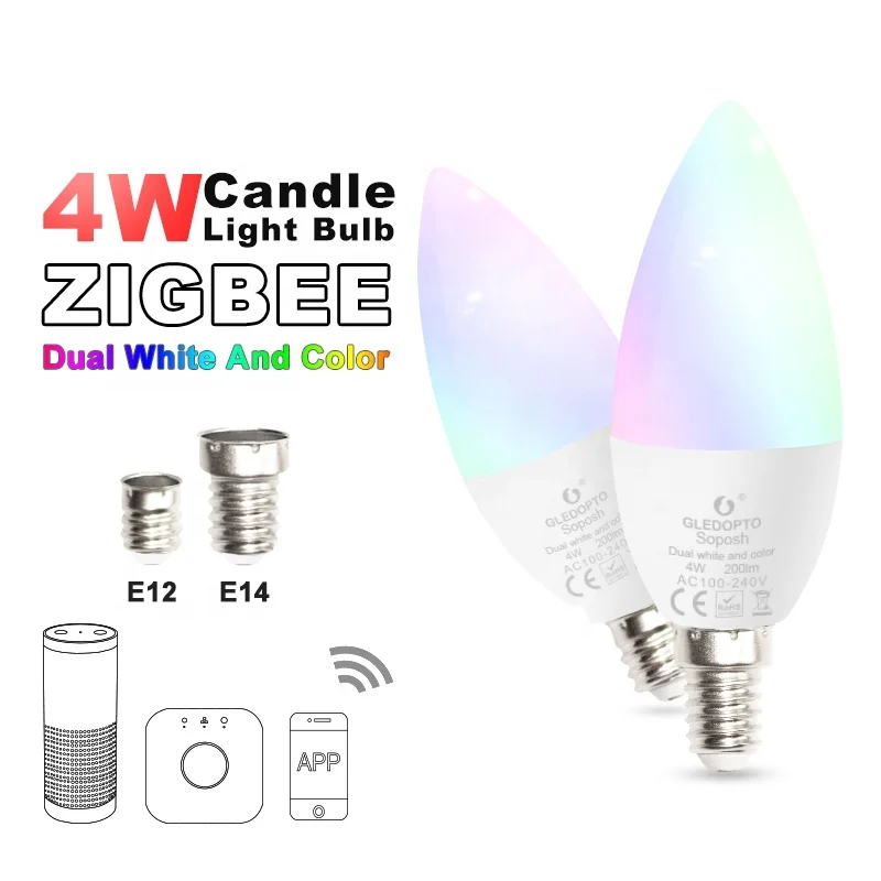Gledopto Lamps LED Smart ZigBee Candle 4W E12 E14 Dimmable Warm And Cool White Tunable Alexa Candelabra Bulbs Smart Home Control