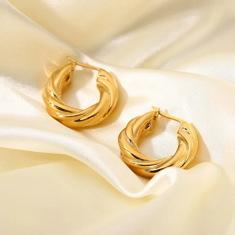 

Thick Big Chunky Twisted Non Tarnish Trendy 18 K Gold Plated Stainless Steel Hoop Earrings, Gold/ rose gold /silver