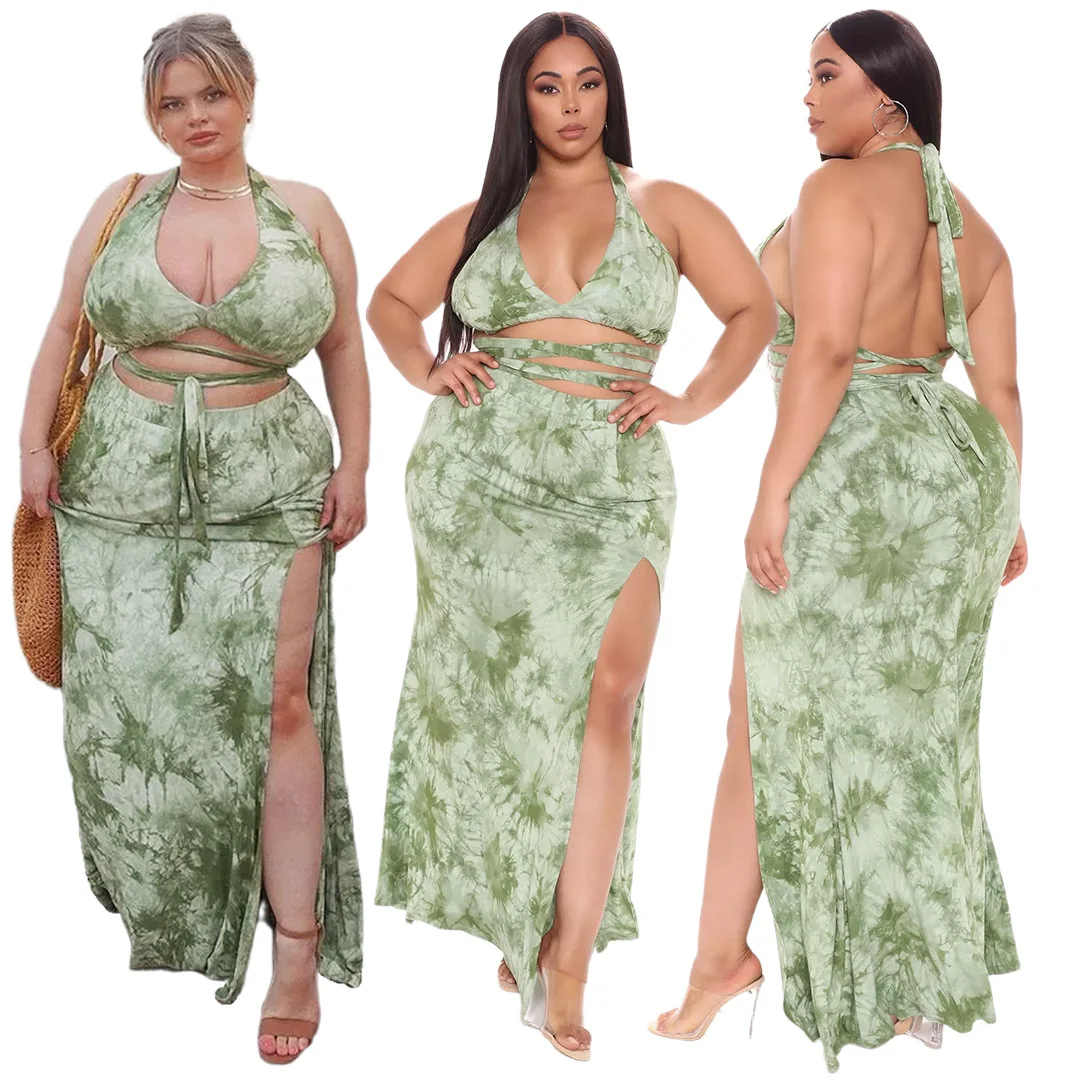 

ASL-7032 Fashion Large Size Ladies Tie-Dye Printed Lace Slit Skirt Set