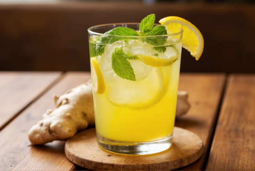 Glass of fresh ginger juice with lemon slice and mint garnish on wooden table