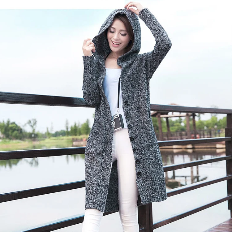 

Long Sleeve Cardigan Coat For Women Winter Knitted Button Up Ladies Long Sweater Hoodies, Dark gray / light gray