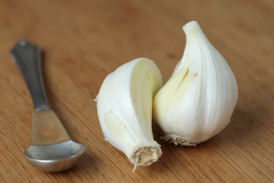 Visual comparison of whole garlic cloves next to measured minced garlic