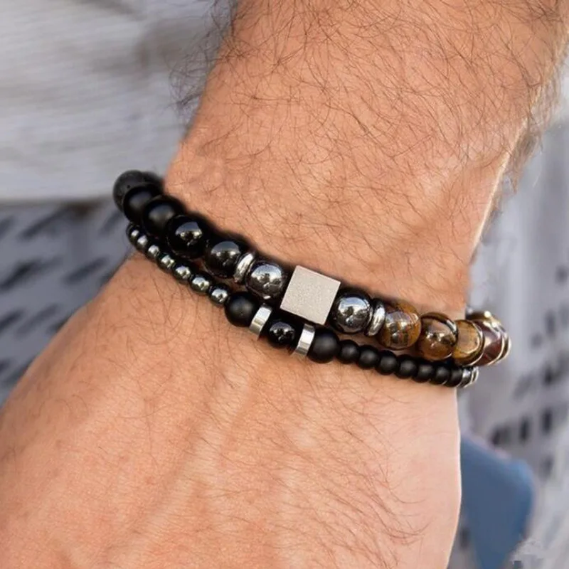 

Hot Sale 8mm Tiger Eye Black Matte Stone Bracelet 4mm Matte Hematite Black Beads Slim Couple Bracelet for Men