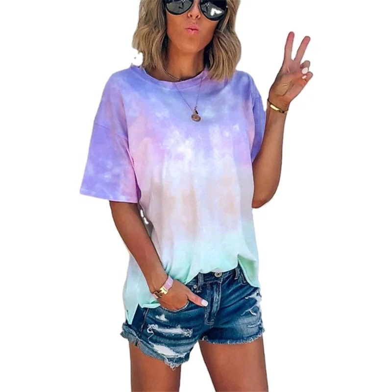 

2021 USA Fashion Design Tie-Dye Gradient Print Loose T-Shirt Top For Women New Arrival Factory Wholesale Free Shipping, Green/gray/purple/other