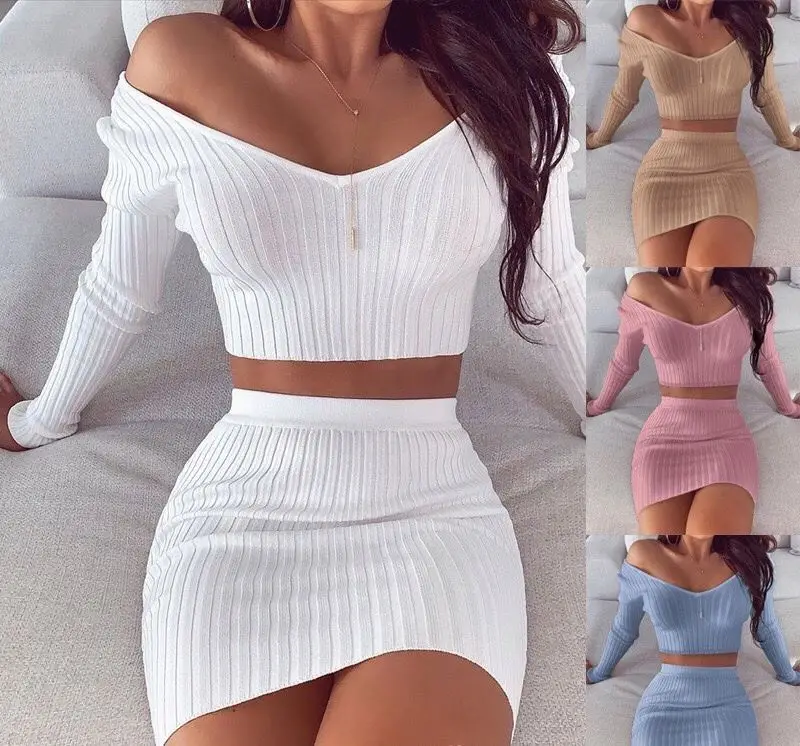 

Women Knitted Suit Long Sleeve Shoulder Two Piece Set Crop Top And Skirt V Neck Female Outfits Ladies Party Casual Dress