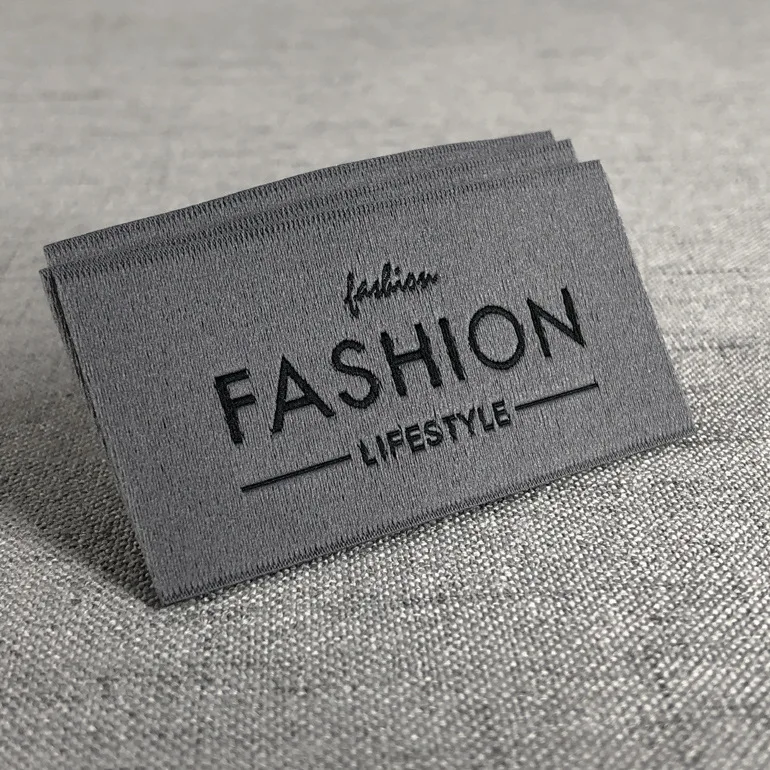 

High density center fold sew-on garment woven label tag for clothing with custom brand name logo, Custom color