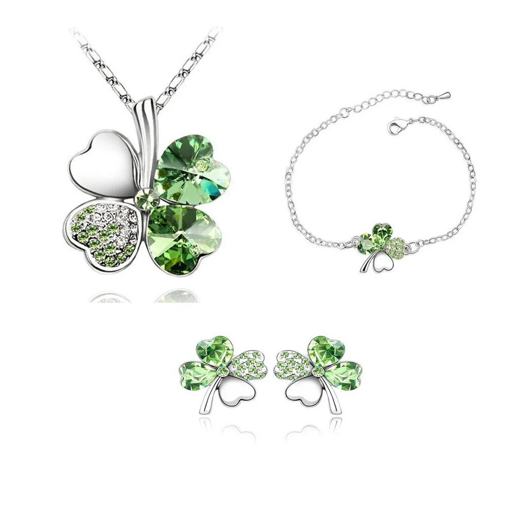 

2021 Zircon Earrings Sets Four Clover Leaf Women Bridal Crystal Jewelry Necklace Set, As shown