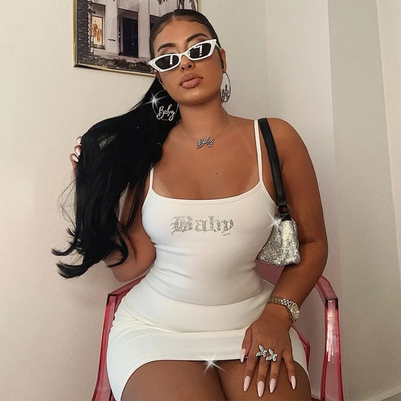 

Rhinestone Birthday Outfit For Women Baddie Dress Sexy Summer 2021 Strap Bodycon Midnight Party Mini Dresses Letter Hot, White,pink