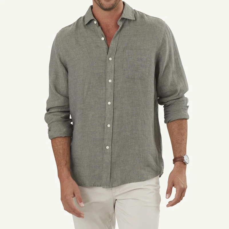 

Men's shirt linen plain pure linen shirts for men long sleeve 100% linen shirts
