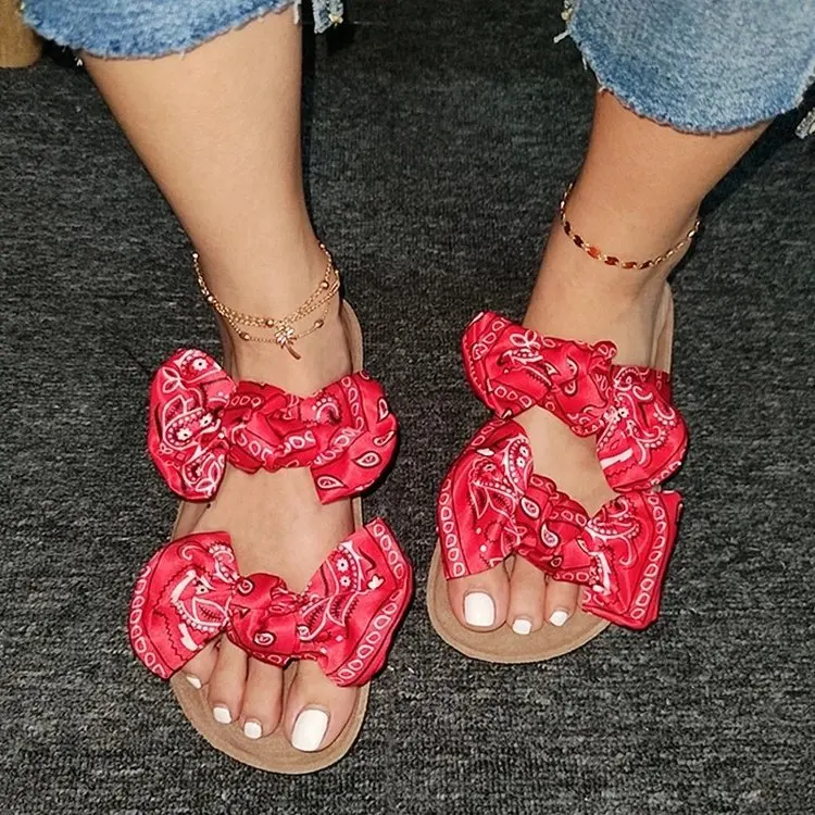 

2021 new double bow sandals and slippers women flat outer wear beach sandals and slippers, Picture
