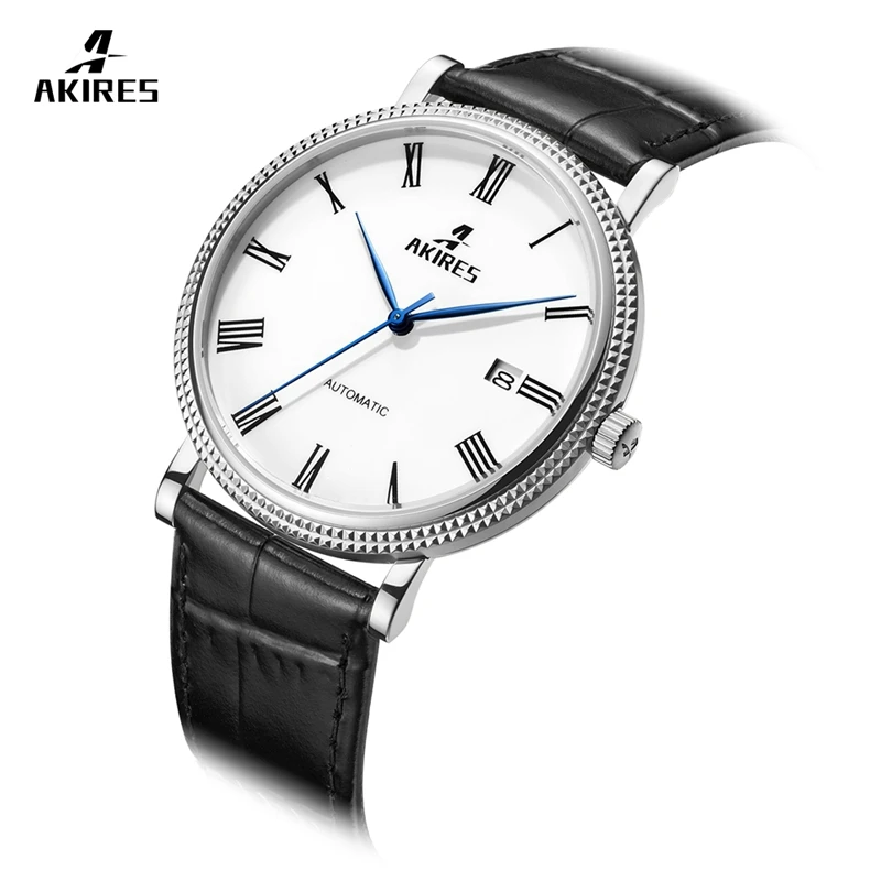 

Black and sliver color mechanical movement quality mens watch relogio masculino leather mechanical watches