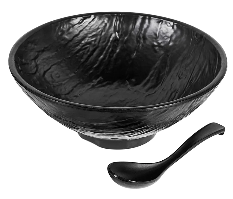 

High quality frost black melamine bowl ecofriendly japanese noodle bowl with spoon ramen bowl set