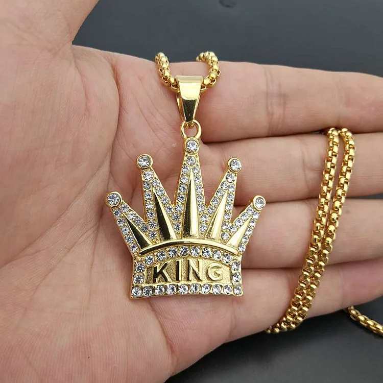 

No fade 18K PVD plated jewelry stainless steel king crown pendant custom diamond necklace for men