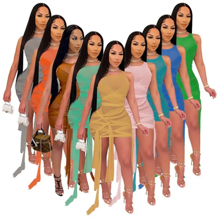 

Summer 2021 Wholesale Sleeveless Vestidos De Verano Elegante Bandage Sexy Dress Women Solid Casual Short Mini Bodycon Dresses