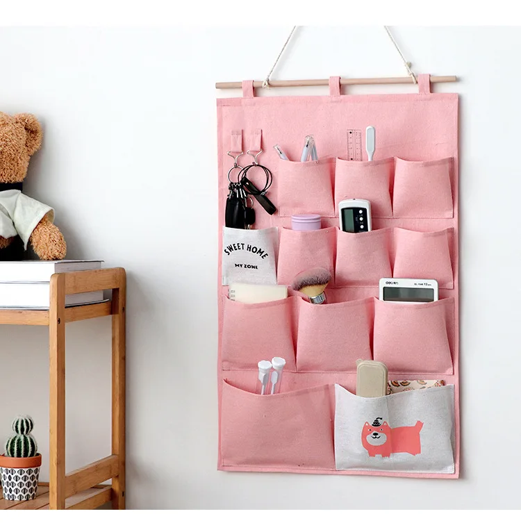 

Creative Home Cute Cotton Linen Hanging Bag Storage Supplies Large-Capacity Dormitory Door Wall Hanging Storage Bag, As photo