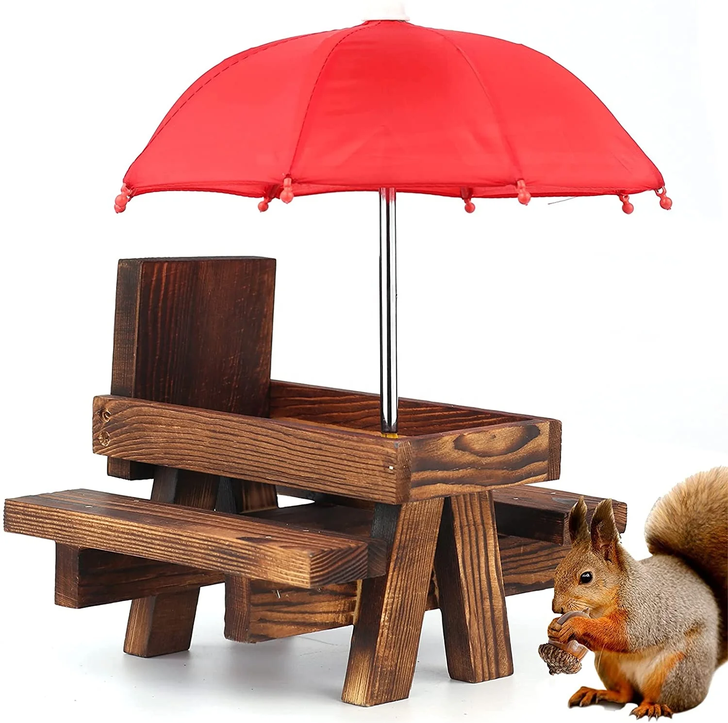 

Wholesale Customized Squirrel Feeder Wooden Squirrel Picnic Table Feeder with Umbrella and Corn Cobs Holder