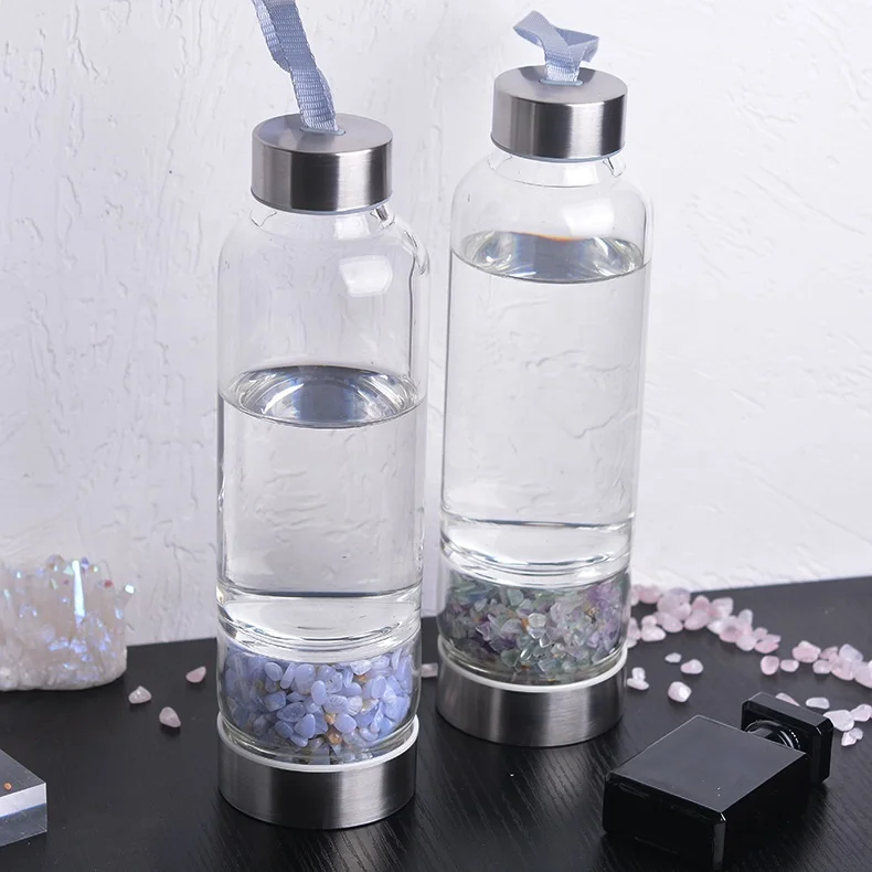 

2020 wholesale gemstone crystal glass water bottle tea infuser rose gold lid water bottles