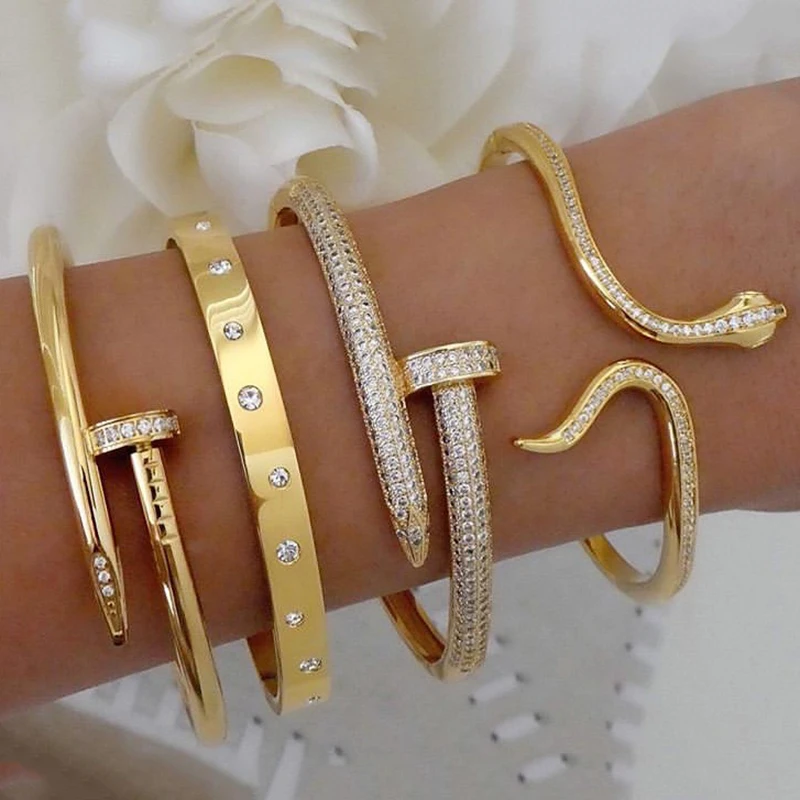 

Wholesale Famous Brand 18K Gold Plated Chain Diamond Open Snake Designer Screw Nail Bracelet Jewelry Bangle, Gold color