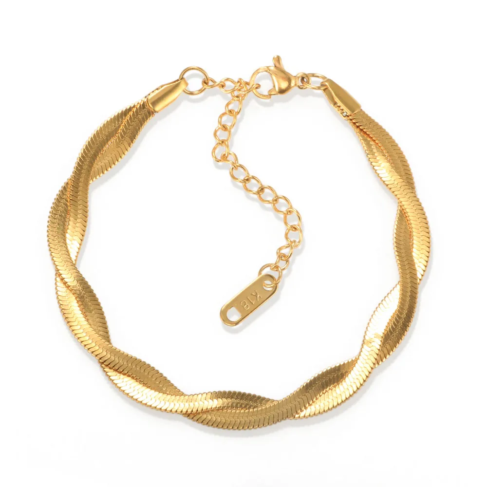 

Twisted Stainless Steel 18K Flat Snake Chain Bracelet Double Layered Herringbone Snake Chain Bracelet For Women, Sliver/black/gold