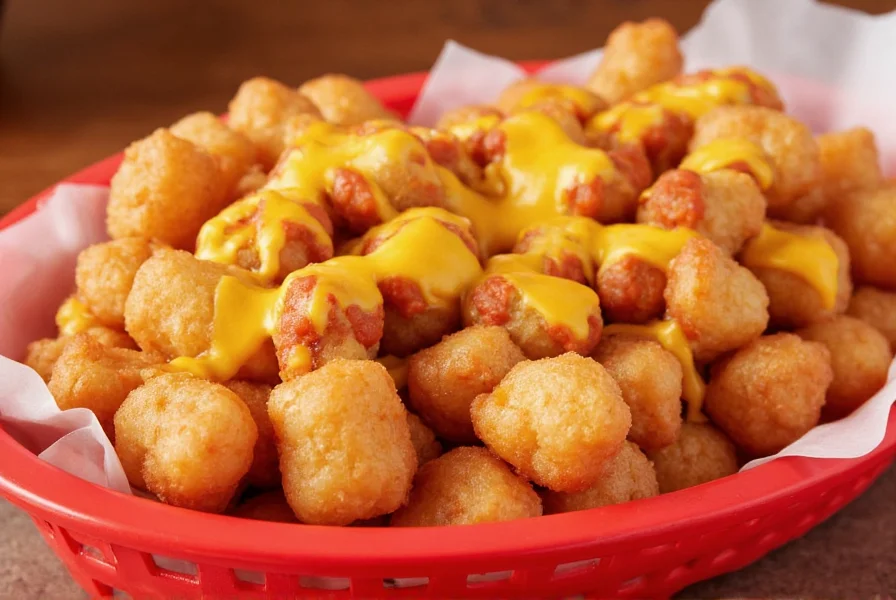 Close-up photograph of Sonic chili cheese tots showing golden-brown tater tots covered in rich chili sauce and melted cheddar cheese, served in a red Sonic basket