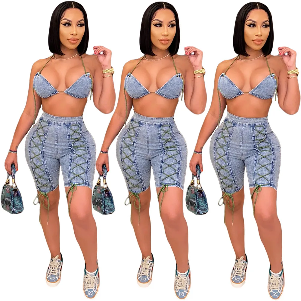 

New Women Sets Denim Sleeveless Crop Tops Above Knee Back Zip Jeans Sheath Elastic 2 Piece Set Sexy Club Night Suits Summer