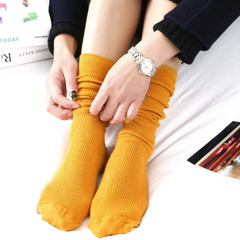 

Autumn and winter cotton thin section solid color retro Sen long tube stockings pile of socks