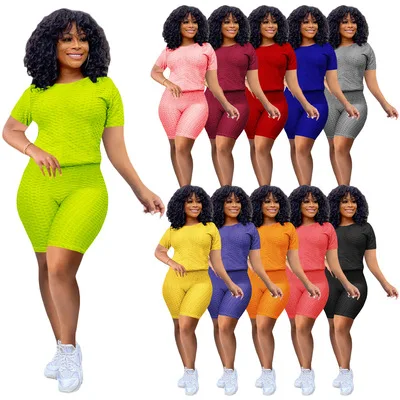 

Hupeng xs clothing 2021 summer solid short sets women custom logo cotton and spandex short sets women work out set, Picture